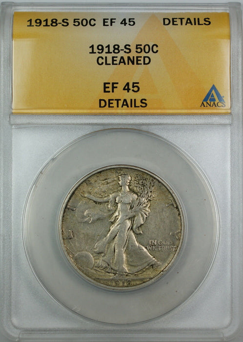 1918-S Walking Liberty Silver Half Dollar, ANACS EF-45 Details, Cleaned Coin