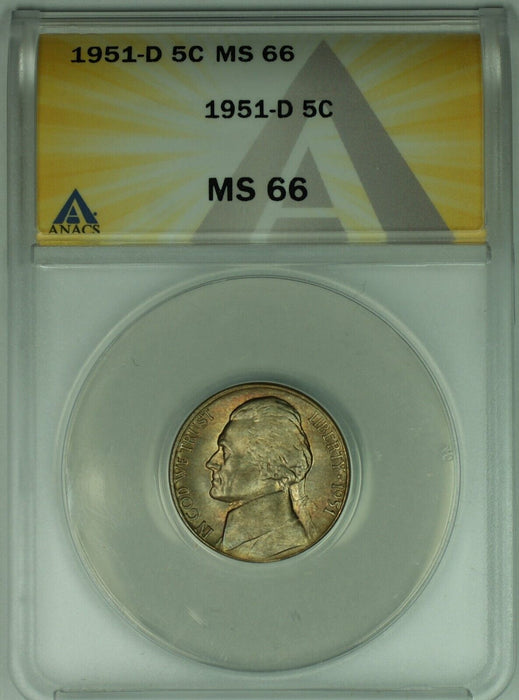 1951-D Jefferson Nickel Toned 5C ANACS MS 66 (52) A