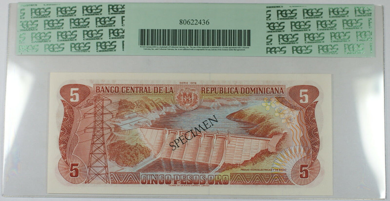 1978 Dominican Republic 5 Pesos Oro Specimen Note SCWPM# 118a-CS4 PCGS 67 PPQ