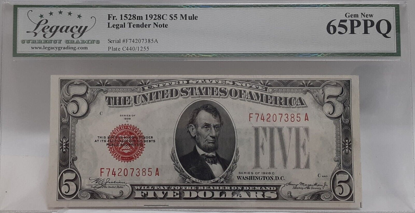 1928-C $5 Legal Tender Note Fr. 1528 Legacy Very Ch New 65 PPQ Not a Mule   B