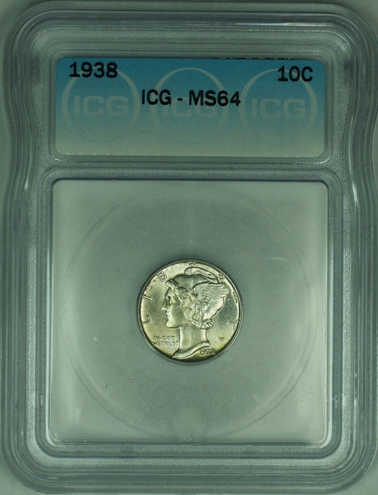 1938 Mercury Silver Dime 10c Coin ICG MS-64 ( Looks Full Split Bands) (53A)