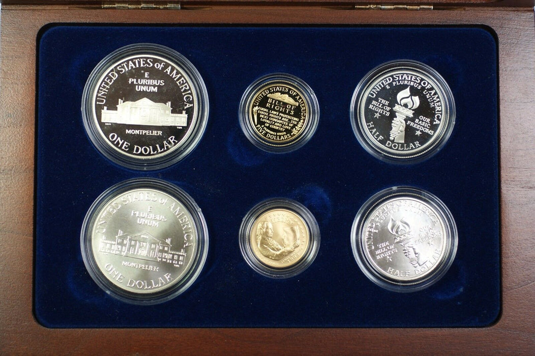 1993 Bill of Rights Commem $5 $1 50c Proof & UNC Gold, Silver, Clad 6 Coin Set
