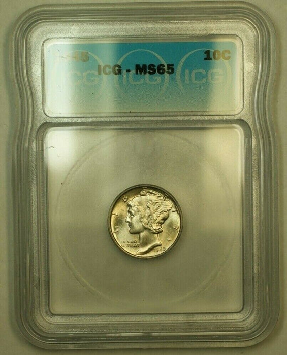 1945 Silver Mercury Dime 10c Coin ICG MS-65 J