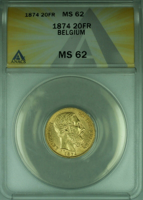 1874 Belgium 20 Francs Gold Coin ANACS MS-62