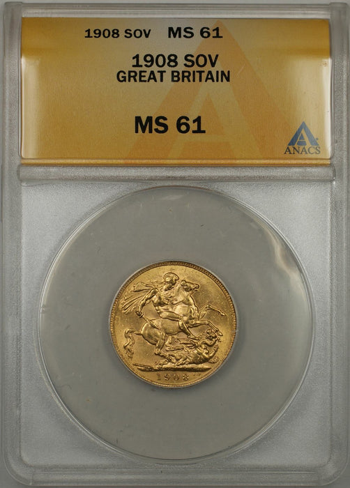 1908 Great Britain Sovereign Gold Coin ANACS MS-61 (AMT)