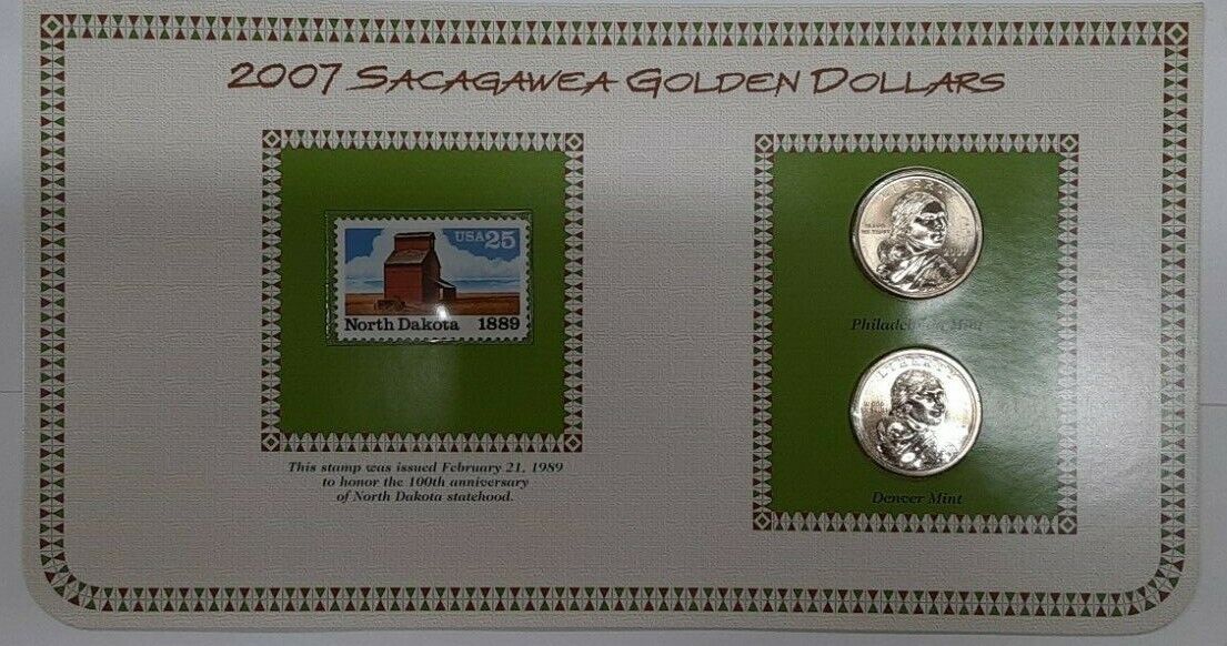 2007 P & D Sacagawea BU Dollars and Stamp Set on Info Card - ND Statehood Cent.
