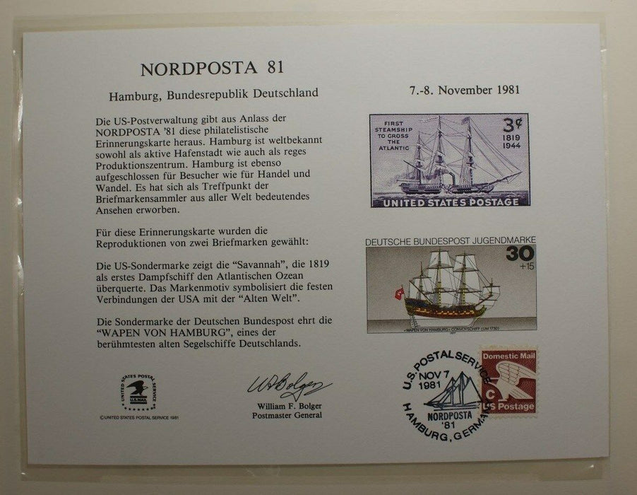 souvenir card PS 37 Nordposta 1981 1944 3¢ Steamship Savannah Show cancelled