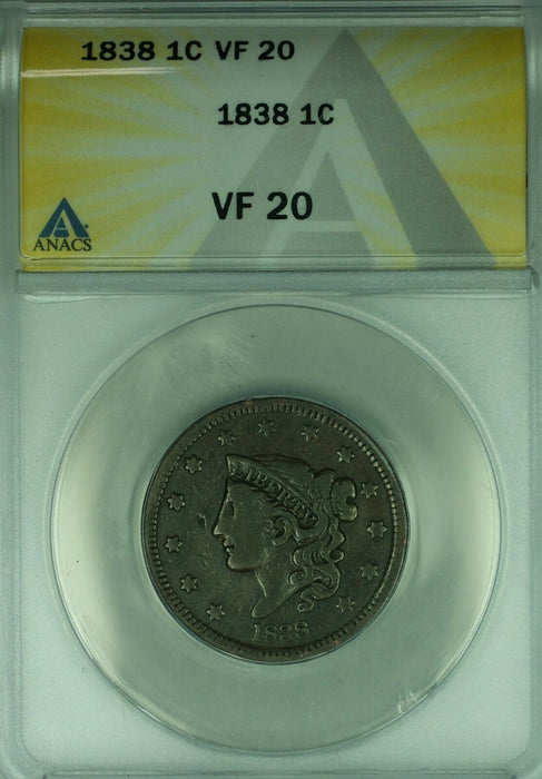 1838 Coronet Head Large Cent  ANACS VF-20  (42B)