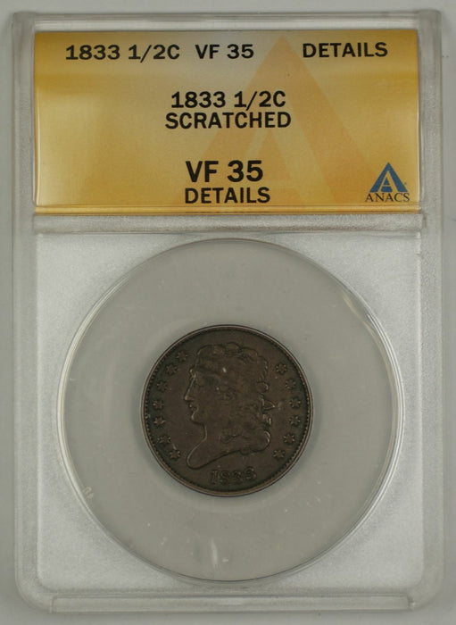1833 Classic Head Half Cent Coin ANACS Scratched VF-35 Details