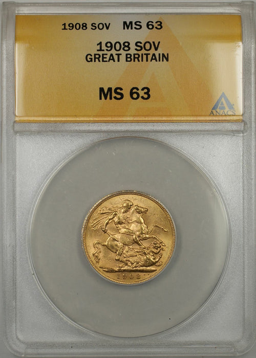 1908 Great Britain Sovereign Gold Coin ANACS MS-63 (AMT)