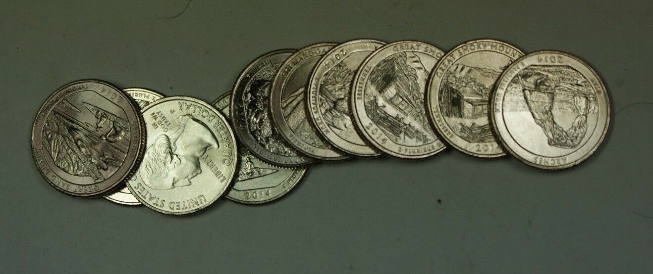 Mini-Roll of all P & D 2014 America The Beautiful Parks Quarters 25c 10 Coins