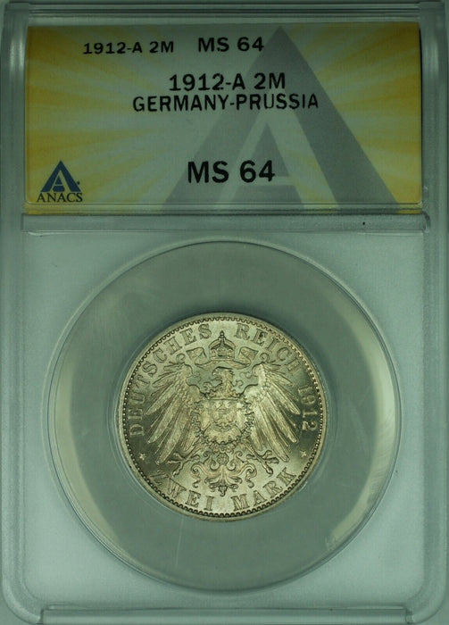 1912-A Germany-Prussia Two Mark Silver Coin ANACS MS-64