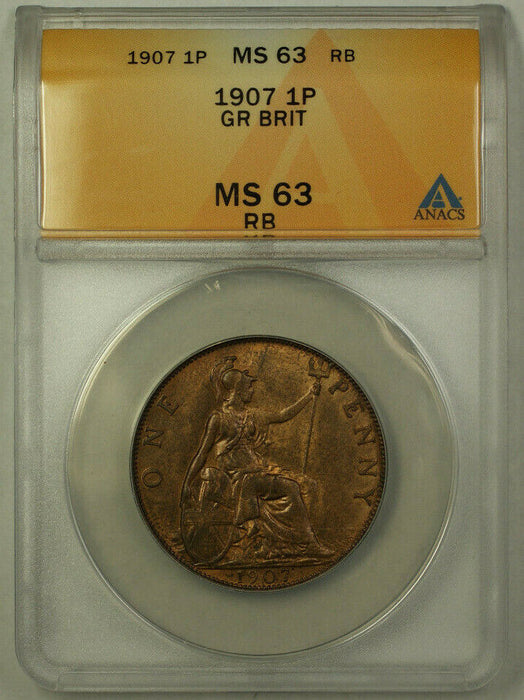 1907 Great Britain 1 Penny Coin King Edward VII ANACS MS 63 Red Brown