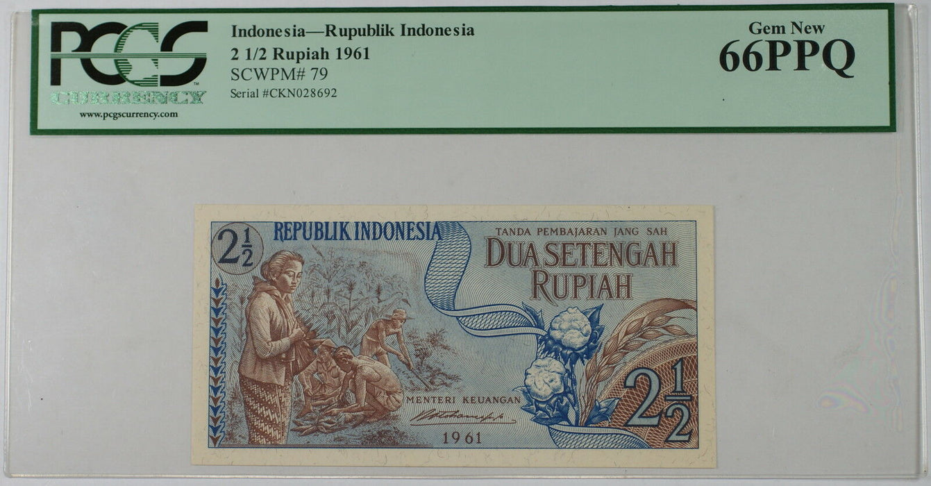 1961 Indonesia 2 1/2 Rupiah Note SCWPM# 79 PCGS 66 PPQ Gem New