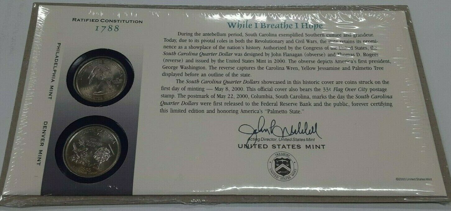 South Carolina 2000 P&D Statehood Quarter Set in Orig. US Mint Cover w/Stamp