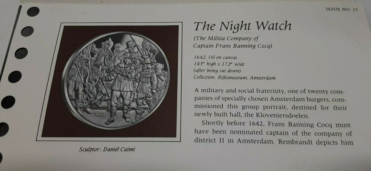 Franklin Mint Genius/Rembrandt PR .925 Silver Medal-The Night Watch in Card