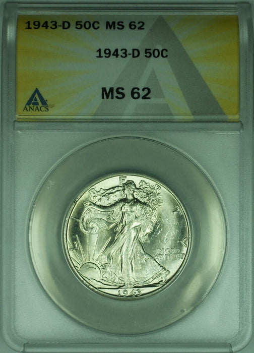 1943-D Walking Liberty Silver Half Dollar 50c ANACS MS 62