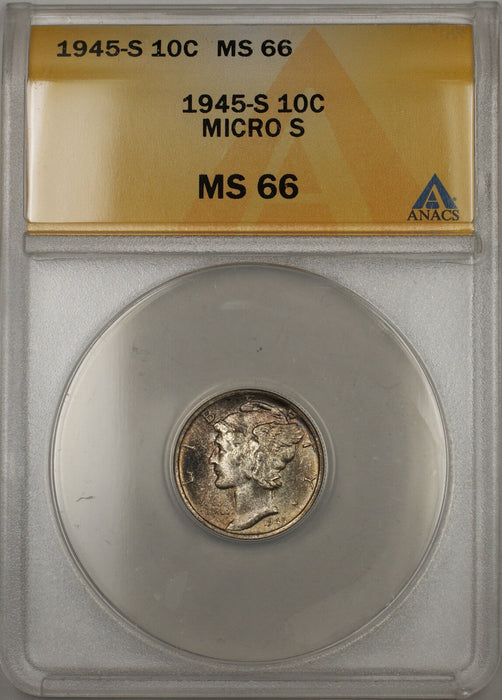 1945-S Silver Mercury Dime 10C ANACS MS-66 Micro S (Toned 11 B)