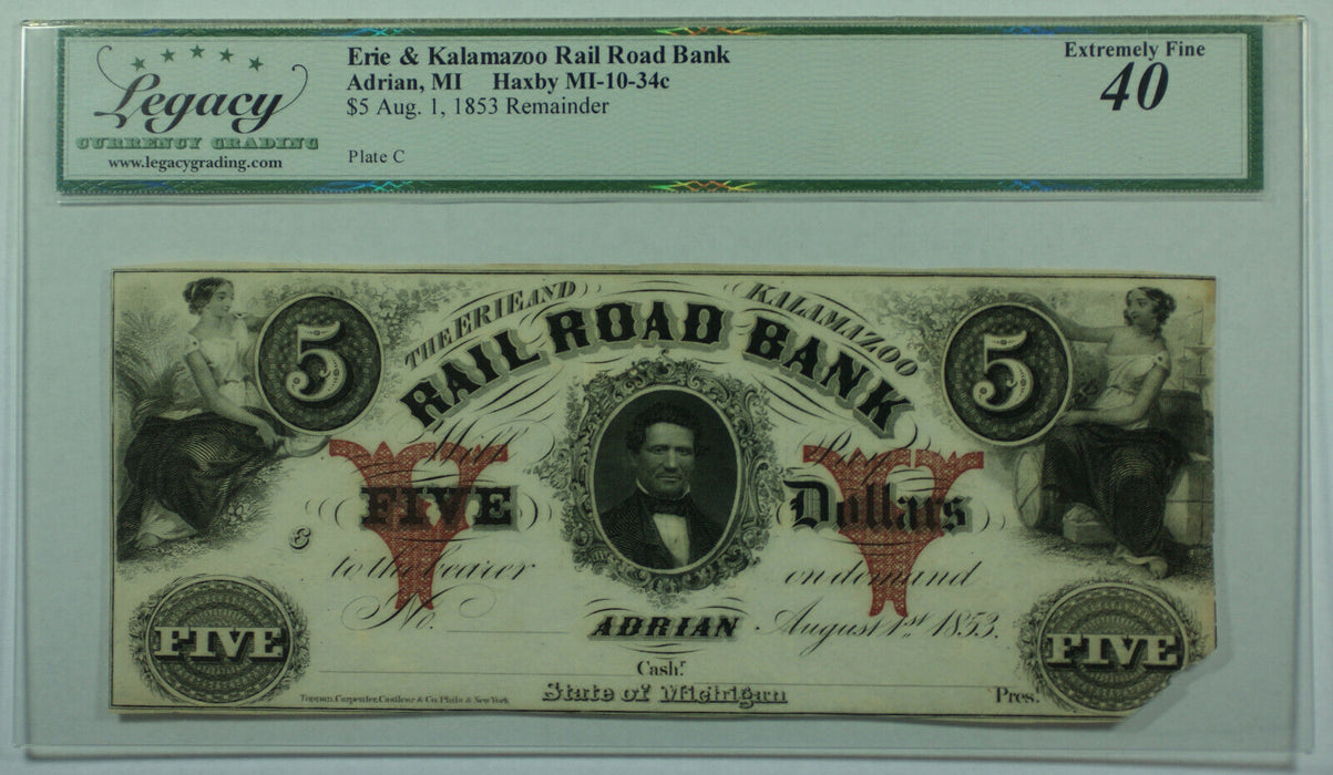 1853 $5 Erie & Kalamazoo Rail Road Bank Adrian MI Haxby MI-10-34c Legacy XF-40 D