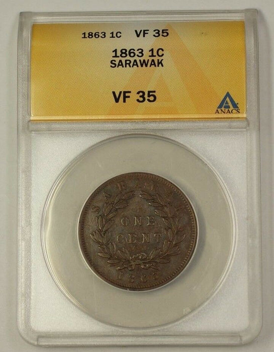 1863 Sarawak 1c One Cent Copper Coin ANACS VF-35 Scarce