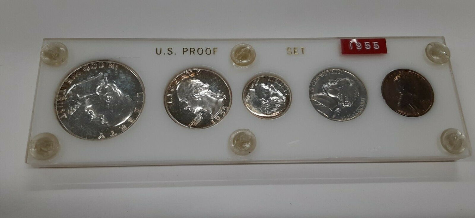 1955 United States Mint 5 Coin Proof Set in White Acrylic Holder 90% Silver (Q)