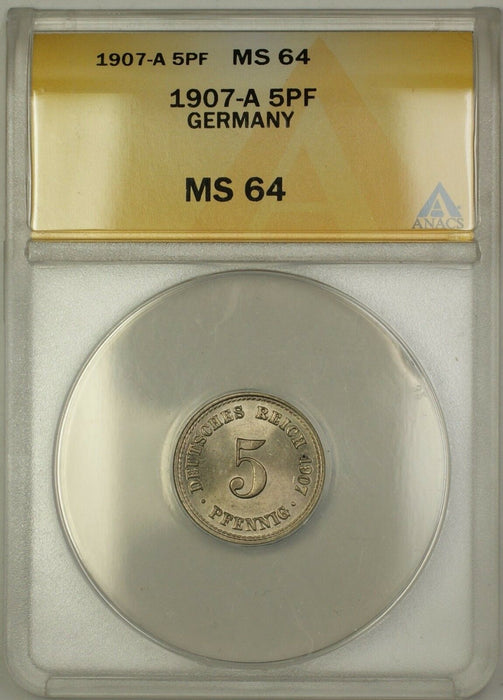 1907-A Germany 5PF Five Pfennings Coin ANACS MS-64