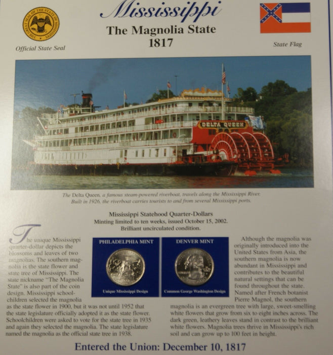 2002 Mississippi P&D Quarter for Anniversary of Statehood Bonus Stamp