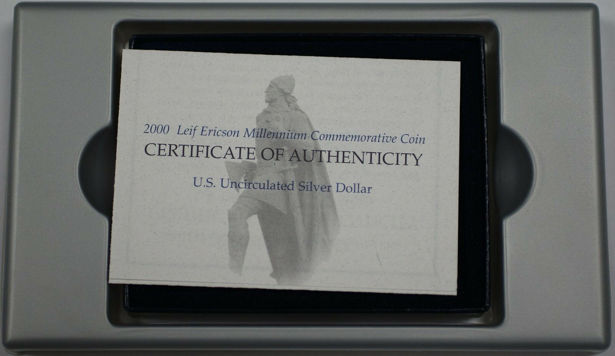 2000 Leif Ericson Silver Commem Uncirculated $1 Coin in Box United States Mint