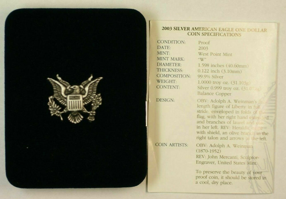 2003-W Proof American Silver Eagle S$1 1 Oz Troy .999 Fine With COA & OGP