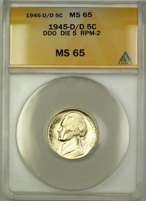 1945-D/D RPM-2 DDO DIE 5 Wartime Silver Jefferson Nickel 5c Coin ANACS MS-65 (i)