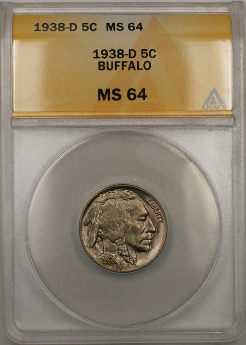 1938-D Buffalo Nickel 5C Coin ANACS MS-64 (Better Coin 10 H)