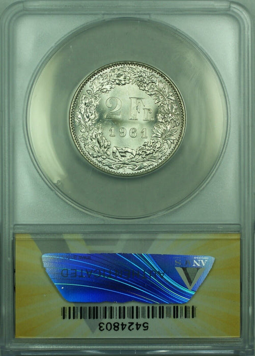 1961-B Switzerland Swiss 2 Franc Silver Coin ANACS MS-66