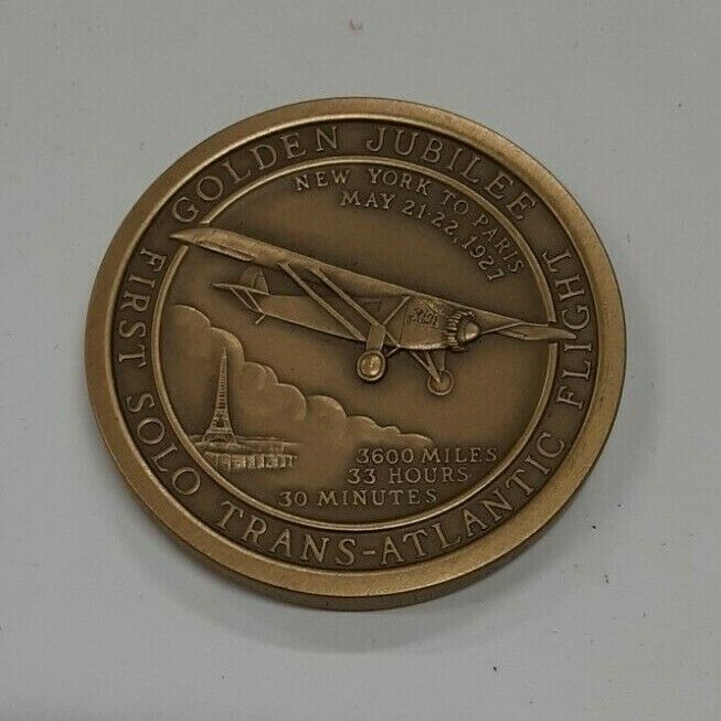Lindbergh Trans-Atlantic Flight Golden Jubilee Bronze Medal Medallic Art Co