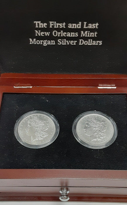 First & Last New Orleans Mint Morgan Silver Dollars UNC in Display Case