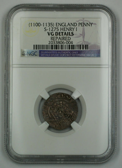 1100-35 England One Penny Silver Coin S-1275 Henry I NGC VG Details Repaired AKR