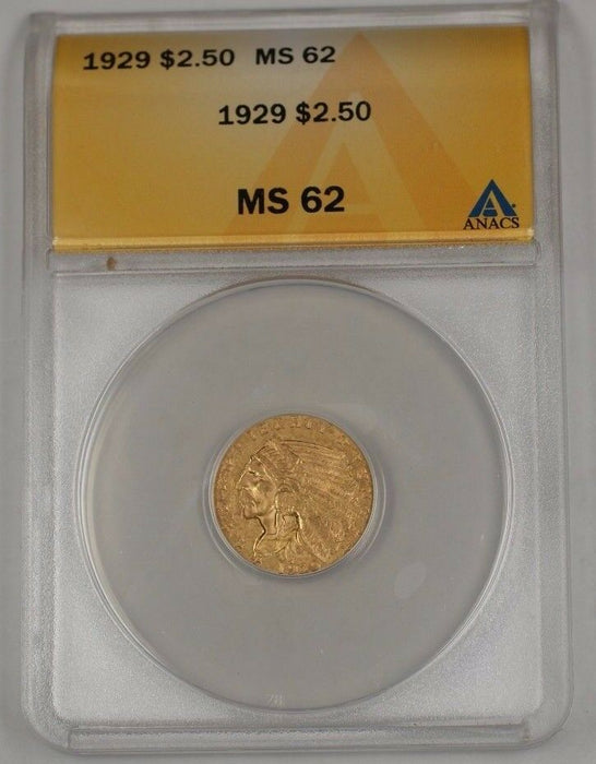 1929 US Indian Head Quarter Eagle $2.50 Gold Coin ANACS MS-62 B