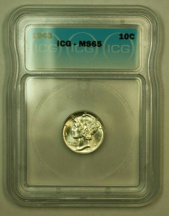 1943 Silver Mercury Dime 10c Coin ICG MS-65 M