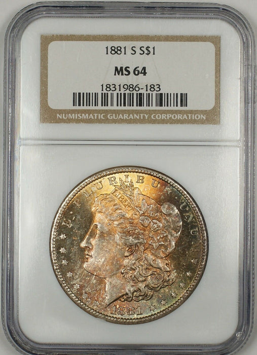 1881-S Morgan Silver Dollar $1 Coin NGC MS-64 Beautifully Toned Obverse (Ta)