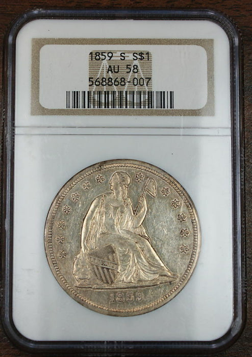 1859-S Seated Liberty Silver Dollar $1 NGC AU-58 DGH