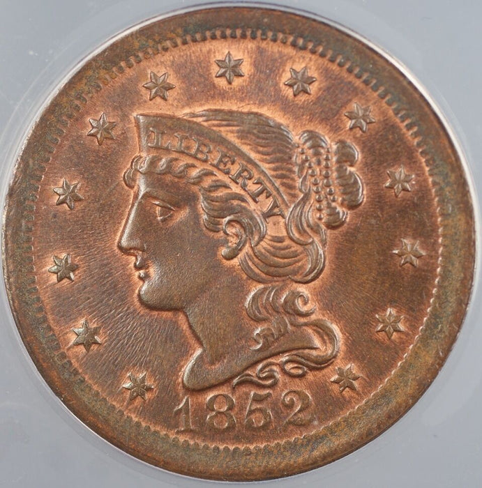 1852 Braided Hair Large Cent 1c ANACS MS-65 RB Red Brown *Gem BU*