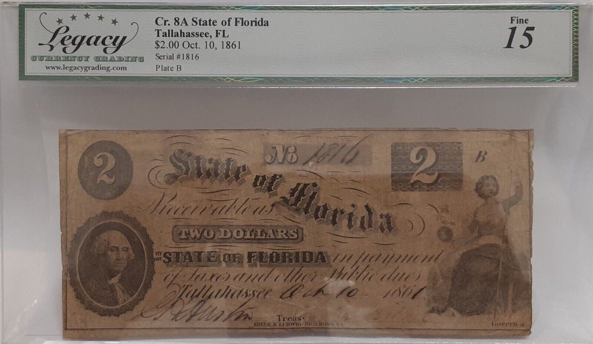 1861 State of Florida Two Dollar Note Cr. 8A   Legacy Fine 15 w/Comments