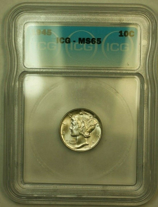 1945 Silver Mercury Dime 10c Coin ICG MS-65 GG