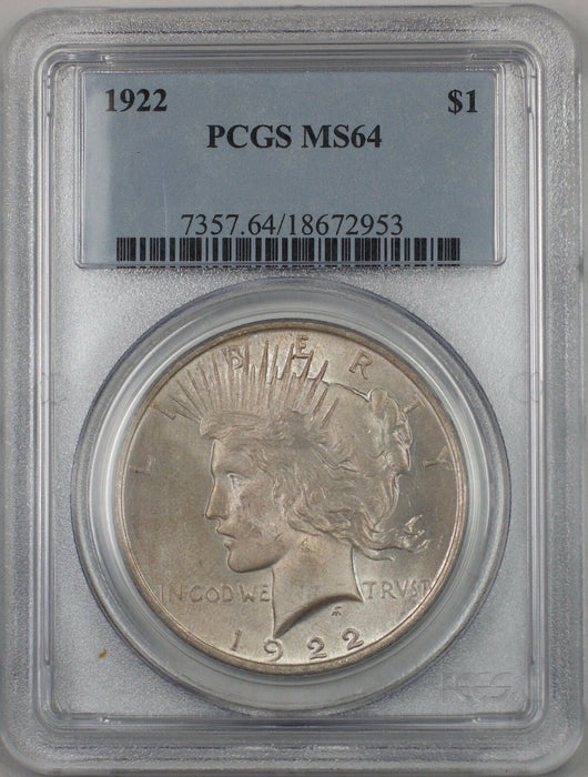 1922 Silver Peace Dollar $1 Coin PCGS MS-64 (BR 11 H) Toned