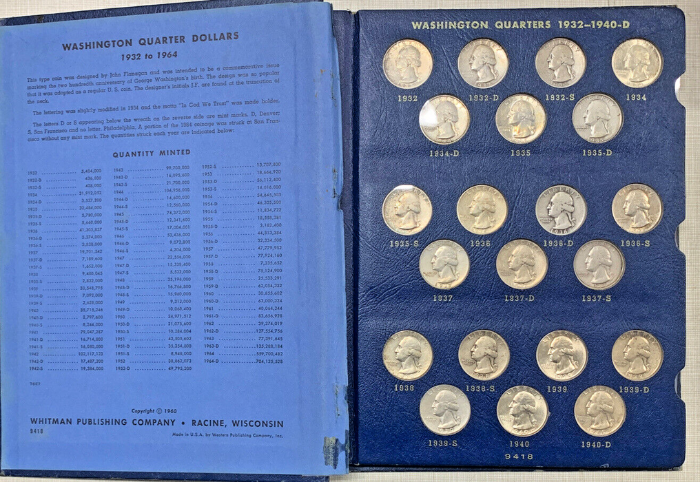 1932-1964 Washington Silver Quarter Complete Set-Whitman Deluxe Coin Album (O)