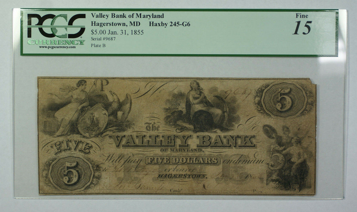 Jan. 31 1855 $5 Valley Bank of Maryland Hagerstown MD PCGS F-15 Haxby 245-G6