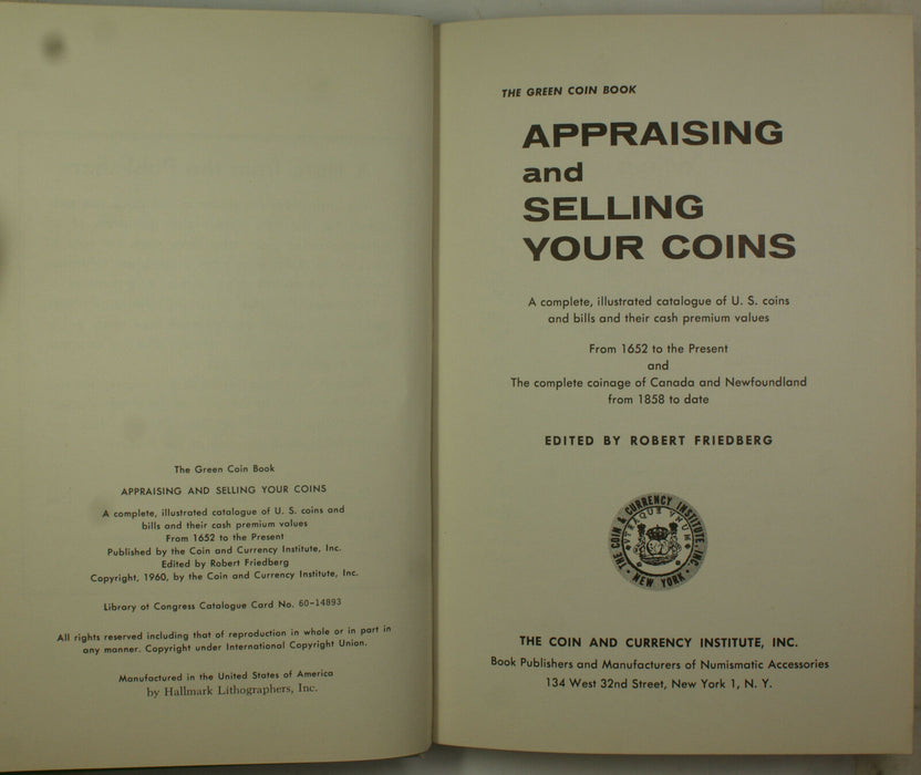 1960 Green Book Appraising and Selling Your Coins by Coin and Currency Institute