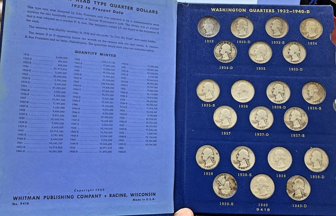 1932-1964 Washington Silver Quarter Complete Set-Whitman Deluxe Coin Album (H)