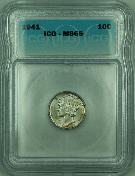 1941 Mercury Silver Dime 10c Coin ICG MS-66 Toned (B)