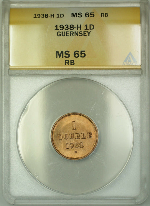 1938-H Guernsey 1D Double Copper Coin ANACS MS-65 RB Red-Brown Gem BU