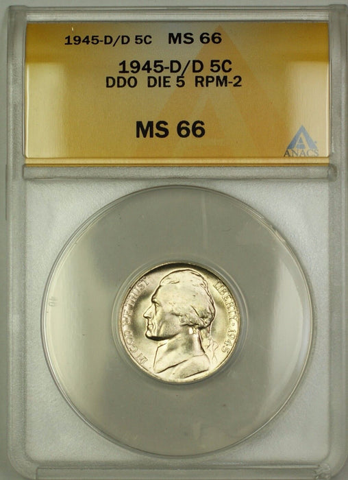 1945-D/D RPM-2 DDO DIE 5 Wartime Silver Jefferson Nickel 5c Coin ANACS MS-66 (E)